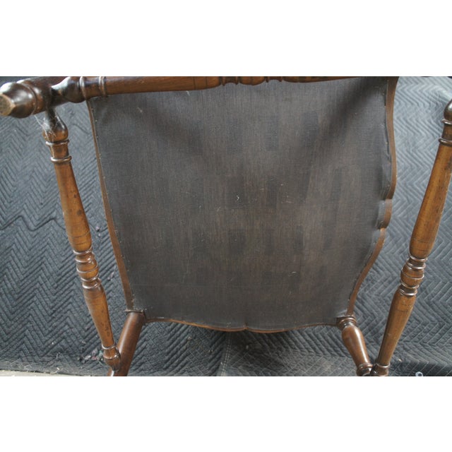 Late 20th Century 2 French Country Walnut Plaid Fauteuil Nailhead Ladderback Club Lounge Armchairs For Sale - Image 11 of 12