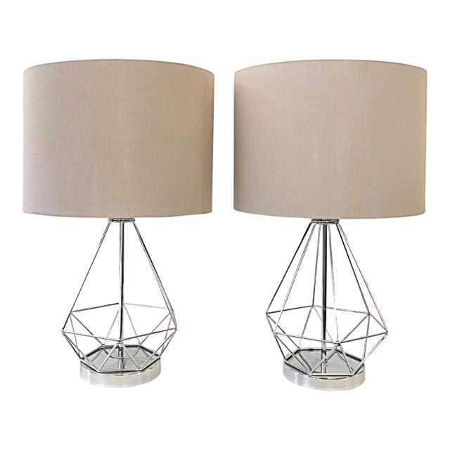 Vintage Chrome Geometric Table Lamps, Usb Charging Port on Base-A Pair For Sale