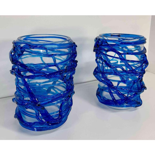Italian Art Deco Style Cobalt Blue Murano Glass Vases by Cenedese, 2000s, Set of 2 For Sale - Image 4 of 9