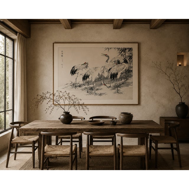 Black Japanese Cranes Among Bamboo, Vintage Japanese Art Print Reproduction, 48" X 32" For Sale - Image 8 of 11
