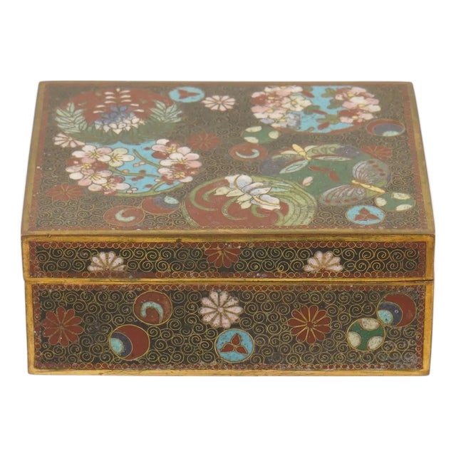 Japanese Cloisonne Enamel Trinket Box Floral Butterfly Design For Sale