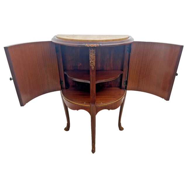 French 1930s French Louis Revival Demilune Cabinet With Shelf, Marble Top, Floral Marquetry For Sale - Image 3 of 12