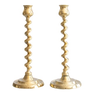 Antique English Brass Barley Twist Candlesticks - A Pair For Sale