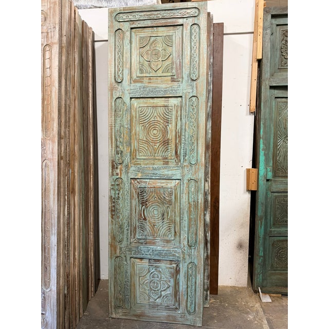 Antique Hand-Carved Blue Floral Pantry Door – Rustic Wooden Barn Door for Bedroom or Pantry Entry 96x29.5 For Sale In Orlando - Image 6 of 6