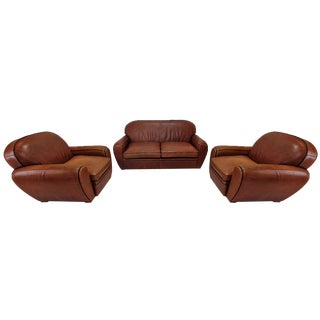 Vintage Club Chairs and Sofa in Saddle Leather by Jan Frantzen, Set of 3 For Sale