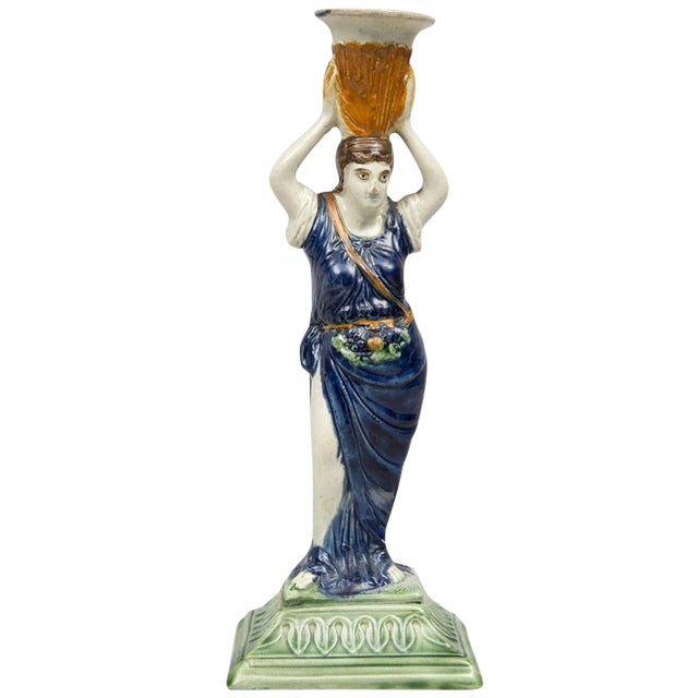 Antique English Prattware Candlestick, circa 1790 For Sale