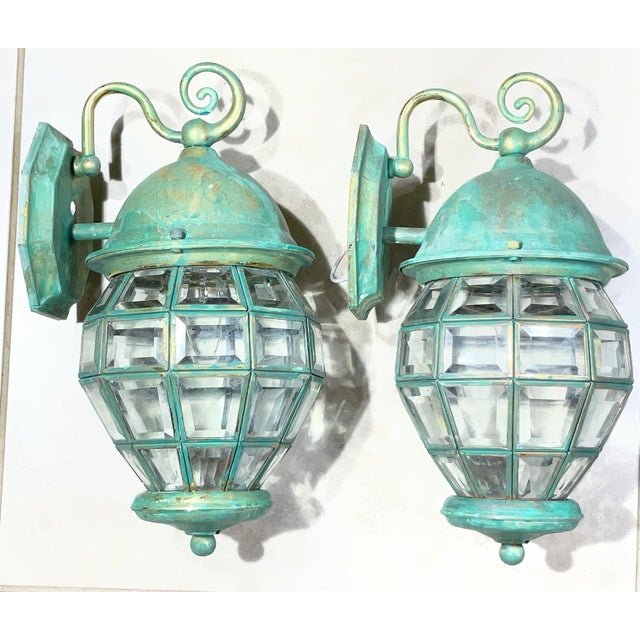 Funky Vintage Pair of Solid Brass Verdigris Wall Lanterns - 14”h X 7” W X 8”.5 D For Sale - Image 14 of 17