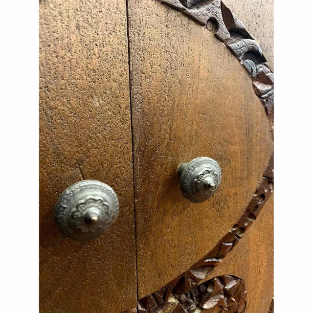 Handmade Hand Carved Solid Wood Cabinet | Unique Farmhouse Style 3 Door Buffet | Vintage Hand Carved Printed Stamps Sideboard For Sale - Image 4 of 6