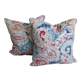 Contemporary Botanical & Paisley Red & Blue Accent Pillows- a Pair For Sale