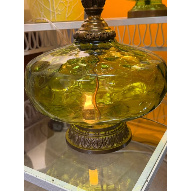 Mid-Century Modern 1960s Green Pressed Glass and Brass Finish Lamp Custom Foil Shade For Sale - Image 3 of 9