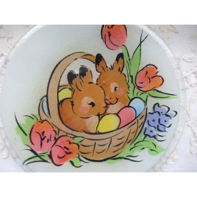 Traditional Peggy Karr Easter Rabbits in Basket With Eggs Fused Glass Plate 8" Boxed For Sale - Image 3 of 10