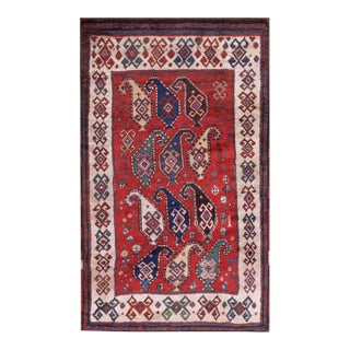 1880s Red Geometric Tribal Antique Handknotted Caucasian Kazak Rug 3'6" X 5'8" Wool Carpet For Sale