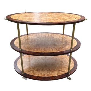 Late 20th Century 3 Tier Oval End Table/Bar Cart on Casters in Burl Wood and Brass Fixtures For Sale
