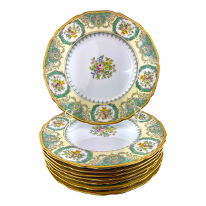 1930's Art Deco Meito Japan Hand-Painted Porcelain Dinner Plates, Set of 8 – Gilt & Emerald Cartouche Design