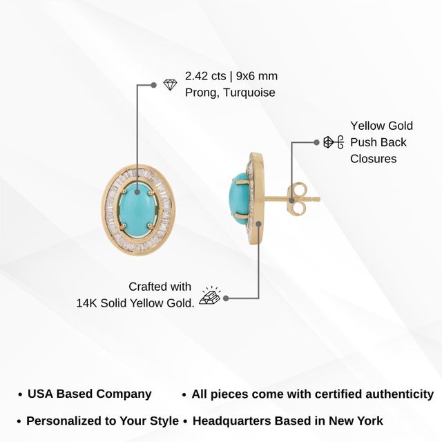 Vintage-Style 2.42ct Turquoise Cabochon Diamond Stud Earrings in 14k Yellow Gold- A Pair For Sale - Image 12 of 15
