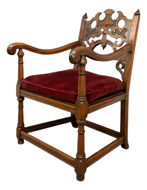 1970s Vintage Tudor Gothic Revival Style Arm Chair With Intricate Carvings With Removable Original Upholstered Seat