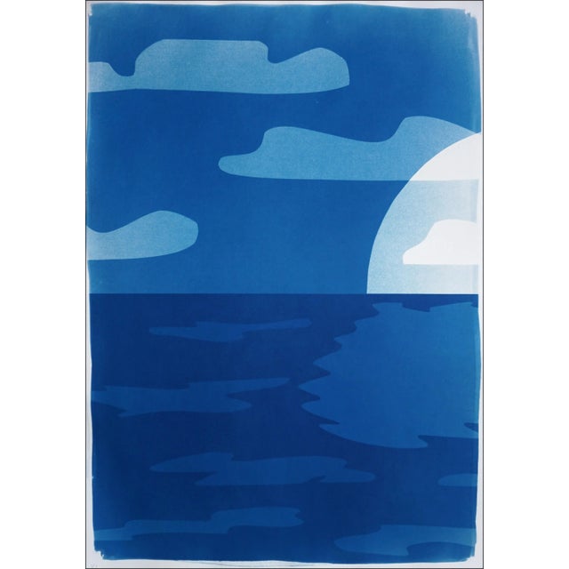 Art Deco 2025, Desert Modernism Landscape, Large Diptych, Sunset Over Sea, Monotype Cyanotype on Watercolor Paper by Kind of Cyan For Sale - Image 3 of 9