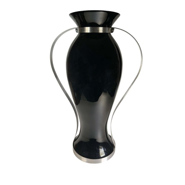 Contemporary Black Glass Vases With Stainless Steel - A Pair For Sale - Image 4 of 8