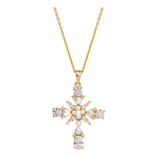 Divine Pearl & Diamond Cross Gold Chain Necklace For Sale