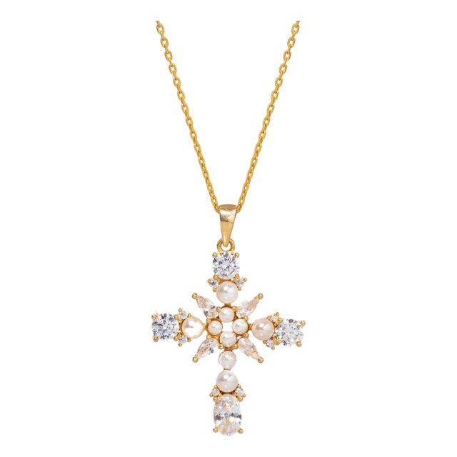Divine Pearl & Diamond Cross Gold Chain Necklace For Sale