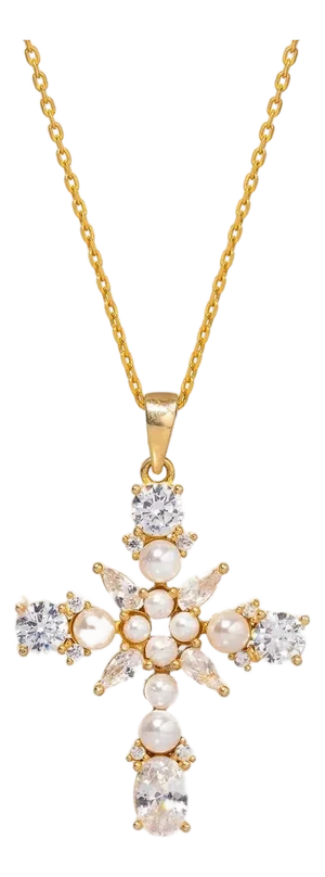 Divine Pearl & Diamond Cross Gold Chain Necklace