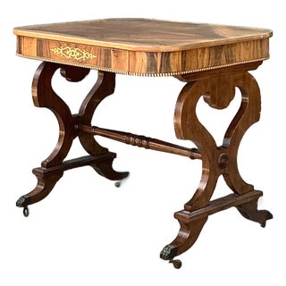 Vintage Wood and Brass Inlaid Side Table For Sale