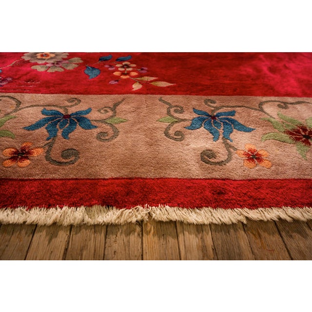 1920s Antique Red Scarlett Floral Haute Modern Knotted Wool Chinese Art Deco Rug For Sale - Image 9 of 9