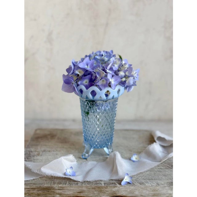 Art Deco Vintage Imperial Glass Vase Blue Diamond Pattern Opalescent Footed For Sale - Image 3 of 8