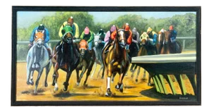 Mid Century "Into the Home Stretch" Oil Painting of Horses by Phyllis Barbour- Framed