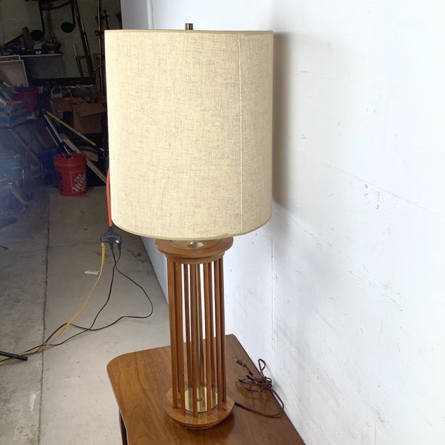 Vintage Mid-Century Walnut Dowel Table Lamp With Linen Drum Shade For Sale - Image 4 of 12