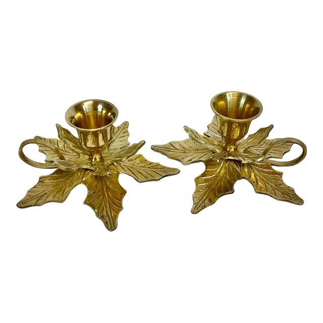 1970s Vintage Traditional Americana Brass Poinsettia Candle Holders - A Pair. For Sale