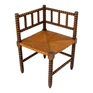Antique French Provincial Carved Oak Bobbin Rush Corner Chair 19th C.