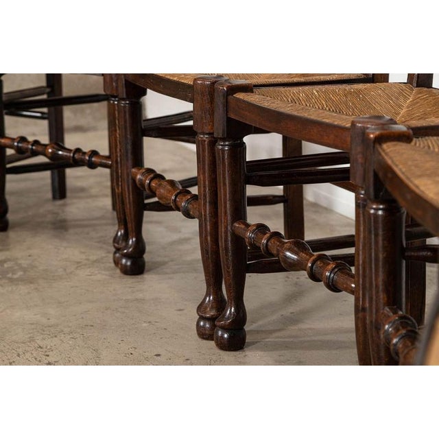 19th Century Farmhouse English Oak Harlequin Rush Spindle Back Dining Chairs, 1880, Set of 6 For Sale - Image 11 of 13
