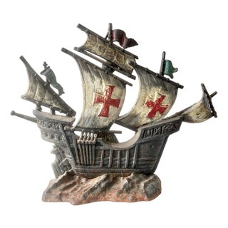 Antique Cast Iron Spanish Galleon or Santa Maria Sailing Ship Doorstop For Sale