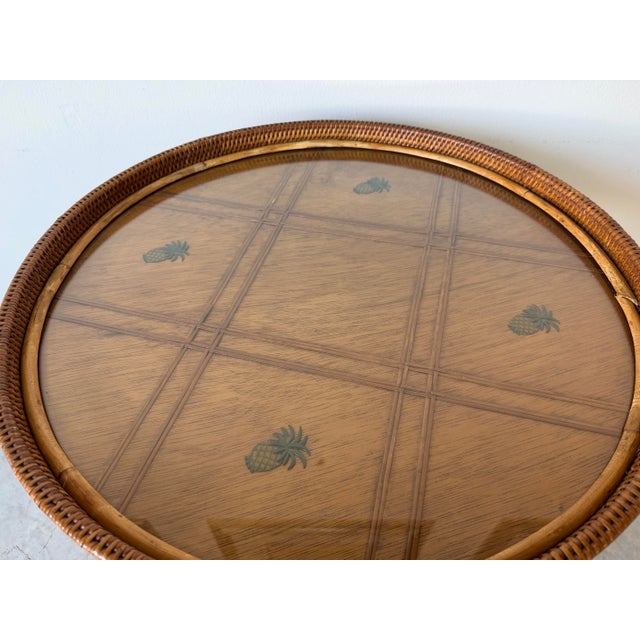 Coastal Vintage Palecek Coastal Rattan and Woven Wicker End Side Table With Glass Top/ Sold For Sale - Image 3 of 12