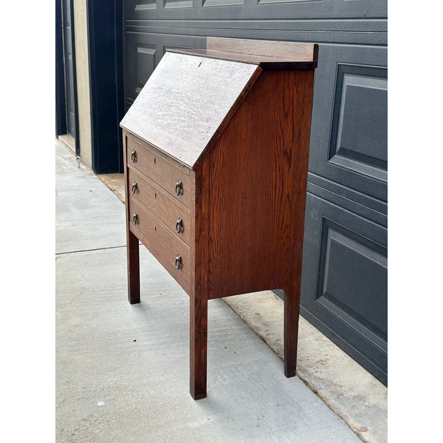Antique Early 20th Century Quarter Sawn Oak Drop Front Secretary With Drawers - Solid Wood Accent Chest With Ring Pulls For Sale In Columbia, SC - Image 6 of 17