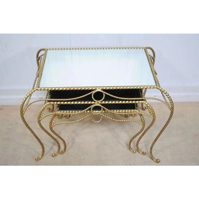 Vintage Italian Hollywood Regency Gold Rope Mirror Top 3 Pc Nesting Side Tables For Sale - Image 4 of 12