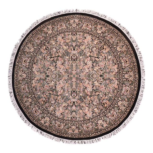 Boho Chic 1990's Floral Pak-Persian Black/Gray Wool Round Rug- 9'1'' X 9'2'' For Sale