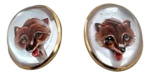 1920s 18k Gold Reverse Carved Essex Crystal Two-Sided Fox Cufflinks- 2 Pieces