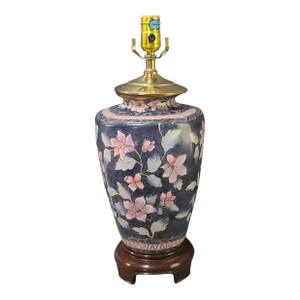 Vintage Asian Motif Chinoiserie Hand Painted Pink Floral Table Lamp