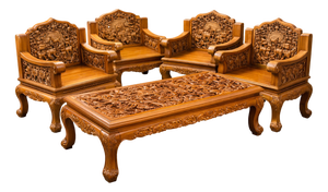 Hand-Carved Teakwood Seating Set with Coffee Table, Indonesia, 1970s, Set of 5