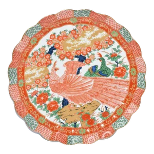 1970s Large Japanese Arita Imari Peacock Scalloped Coupe Porcelain Platter