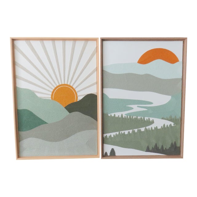 Textile Embroidered Woven Wall Art Set Mountain & Sun Decor New Bp Home 18.5 in X 26.5 In For Sale