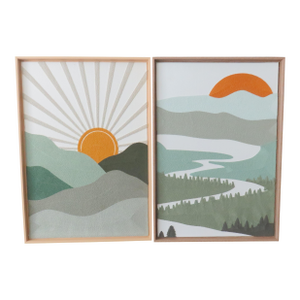 Textile Embroidered Woven Wall Art Set Mountain & Sun Decor New Bp Home 18.5 in X 26.5 In