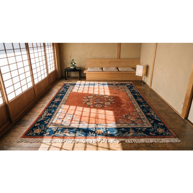 Textile 1920s Coral Red Floral Modern Antique Chinese Art Deco Rug 8' X 9'6" Handknotted Wool Carpet For Sale - Image 7 of 9