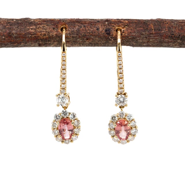 Modern Ceylon Padparadscha Sapphire Diamond Earrings in Solid 14k Gold | Oval 6x4mm For Sale - Image 3 of 7