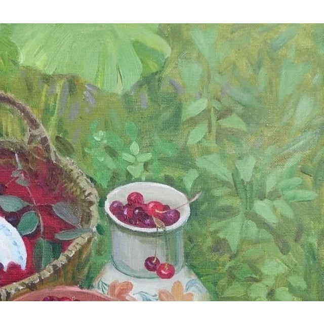 Realism Vintage Still Life Oil Painting: Cherries, Basket, Ukrainian Art 60-70 For Sale - Image 3 of 6