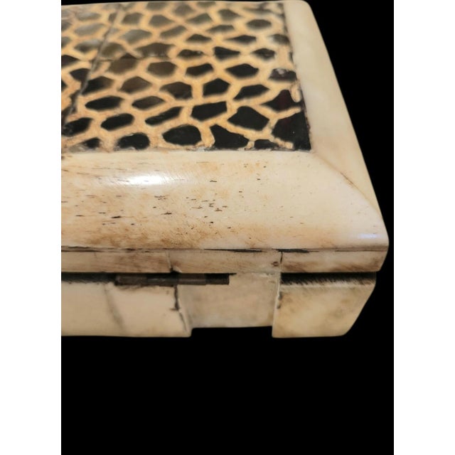 English Vintage Set Camel Bone Inlay Rectangular Leopard Top Brass Front Trinket Boxes- Set 3 For Sale - Image 3 of 8