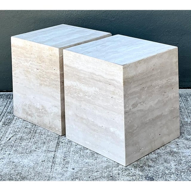 Vintage Travertine Cube Side Tables - A Pair For Sale - Image 4 of 12