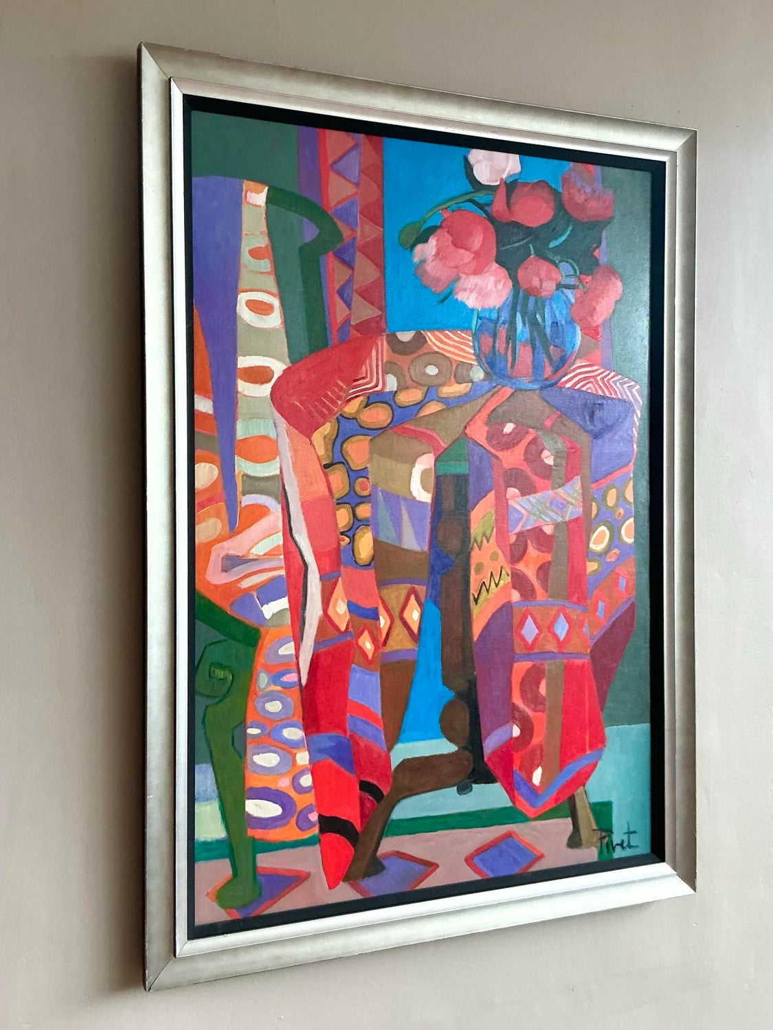 Vintage Boho Abstract Painting Oil on Canvas - Side view